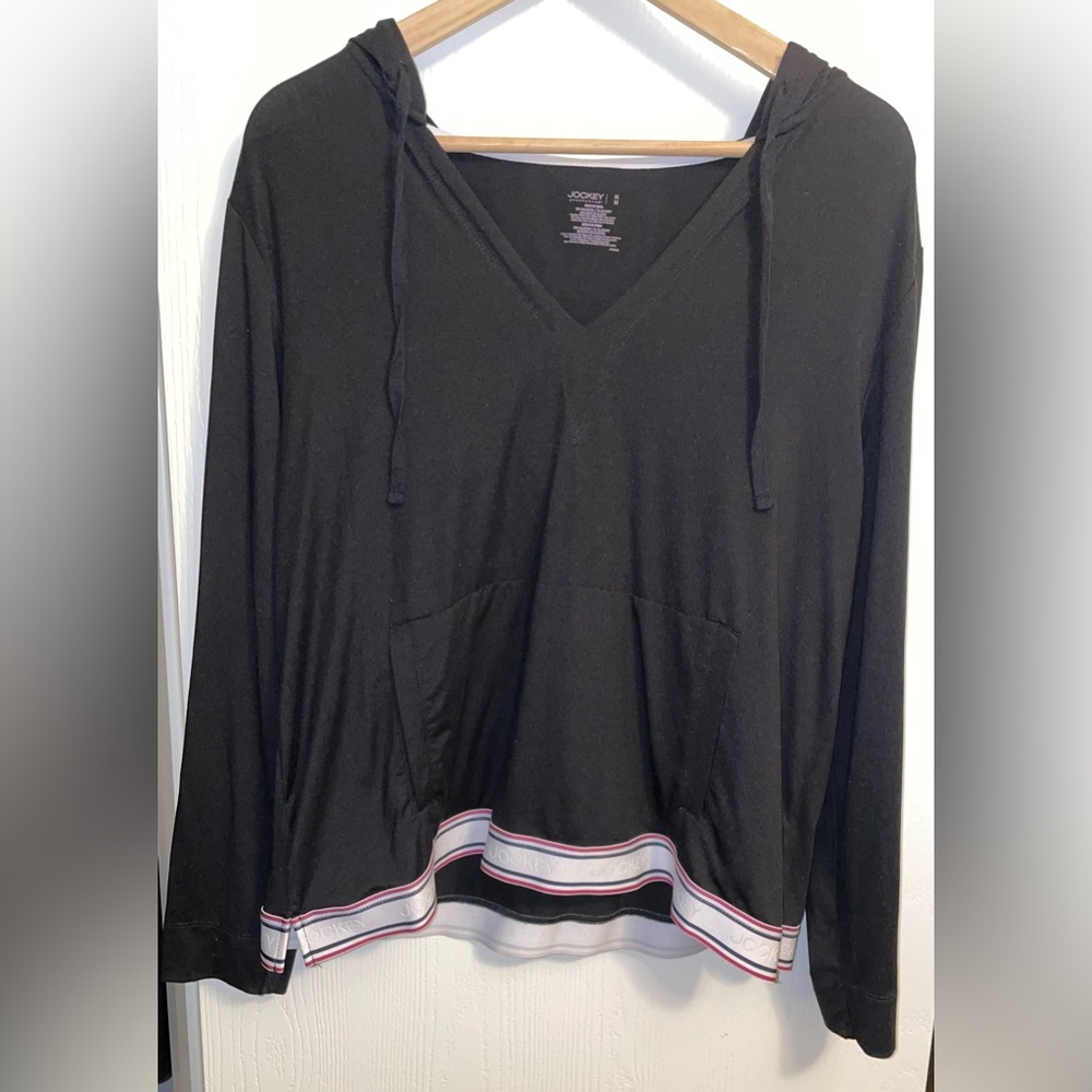 Jockey black hoodie women’s size medium Pullover with striped band and pockets